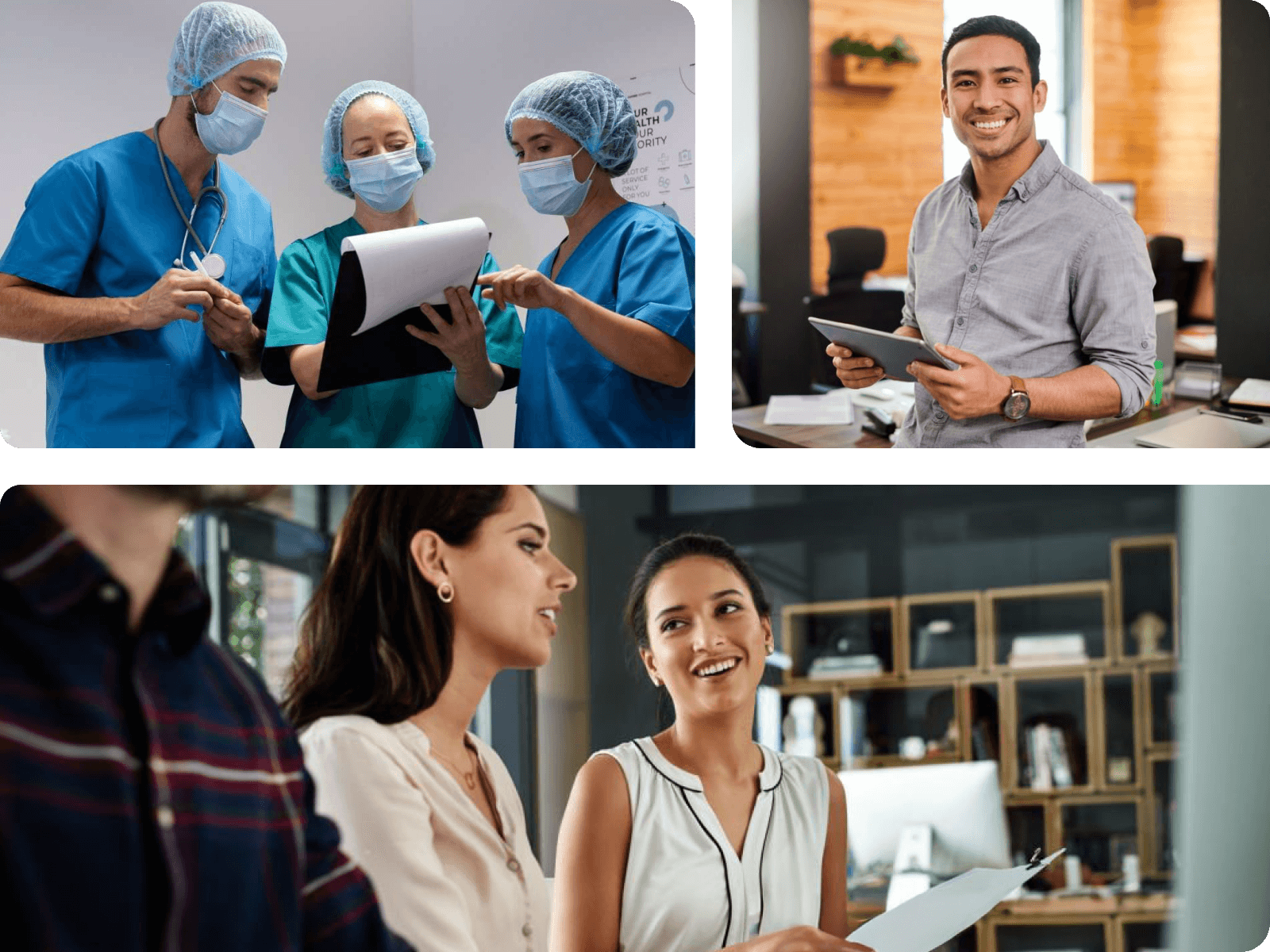 Profesionales diversos - médicos, empresarios y trabajadoras de oficina que se benefician de los servicios de Contabilízate